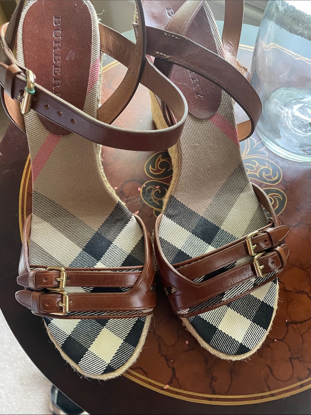 Burberry Brown Leather & Beige Check Espadrille Wedge Sandals - Picture 3 of 16
